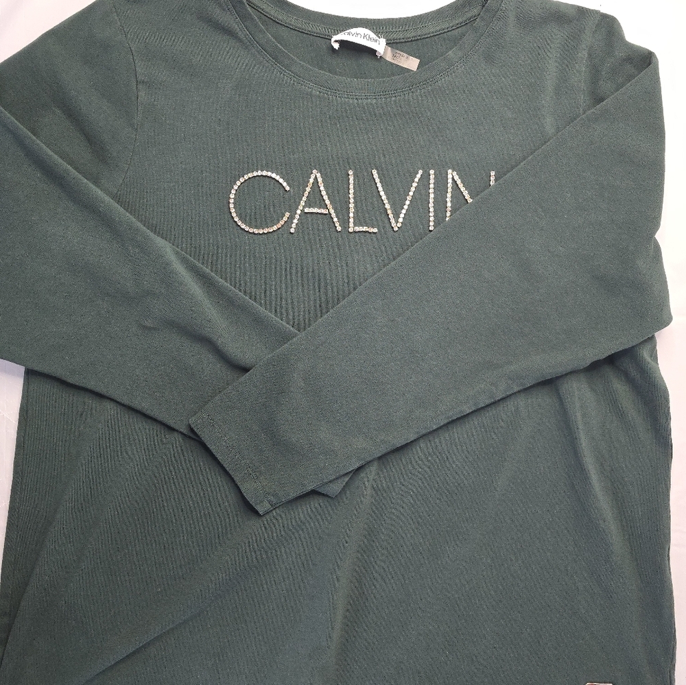 Calvin Klein T-shirt Hunter Green Long Sleeve Crystal Rhinestone Logo L/XL? - Picture 7 of 12